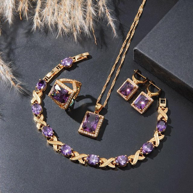 Schmuckset Damen, lila Zirkonia, Ring, Ohrringe, Anhänger, Halskette - Bild 1