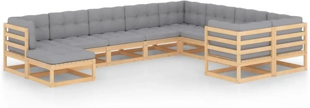vidaXL 10-tlg. Garten-Lounge-Set aus massivem Kiefernholz in U-Form mit grauen Polstern - Bild 1