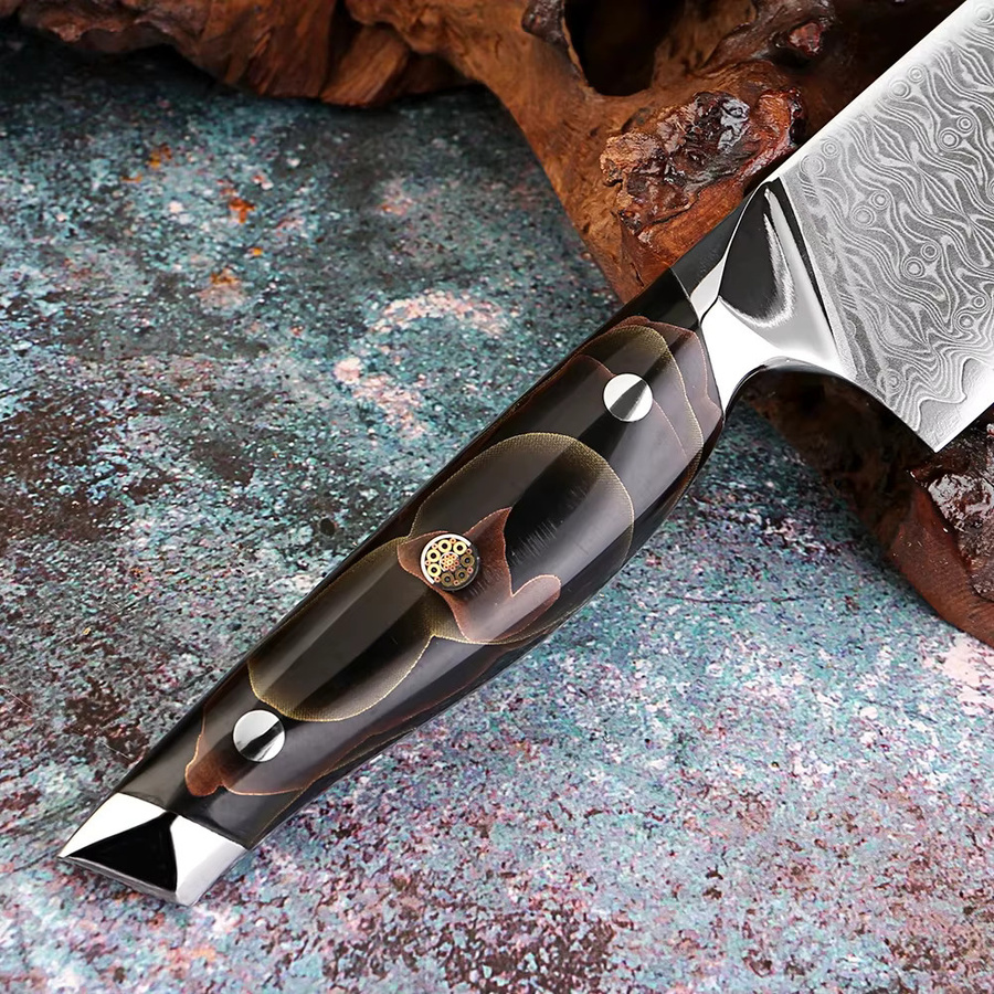 XITUO 6-teiliges Küchenmesser-Set aus Damaszener Stahl mit Kupfer-Platin-Harzgriff in Multicolour, bestehend aus Santoku-, Schäl-, Brot- und Ausbeinmessern - Bild 4