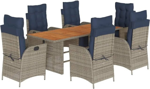 vidaXL 7-teilige Garten-Essgruppe aus Poly-Rattan und Akazienholz mit Kissen in Grau - Bild 1