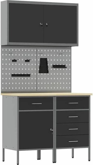 vidaXL Werkbank mit Schubladen und Pegboard aus Holz und Stahl, Schwarz, B: 200 cm, H: 100 cm, T: 55 cm - Bild 1
