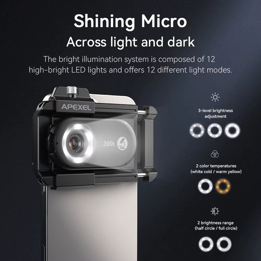 APEXEL 3-in-1 Makro-Objektiv-Set für Smartphones mit 100X-200X Mikroskop-Vergrößerung und LED-Licht in Schwarz - Bild 2