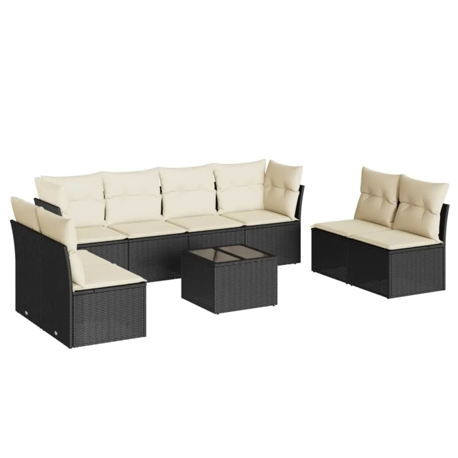 vidaXL 9-tlg. Garten-Sofagarnitur in U-Form aus Polyrattan mit Kissen und Tisch, Schwarz - Bild 2