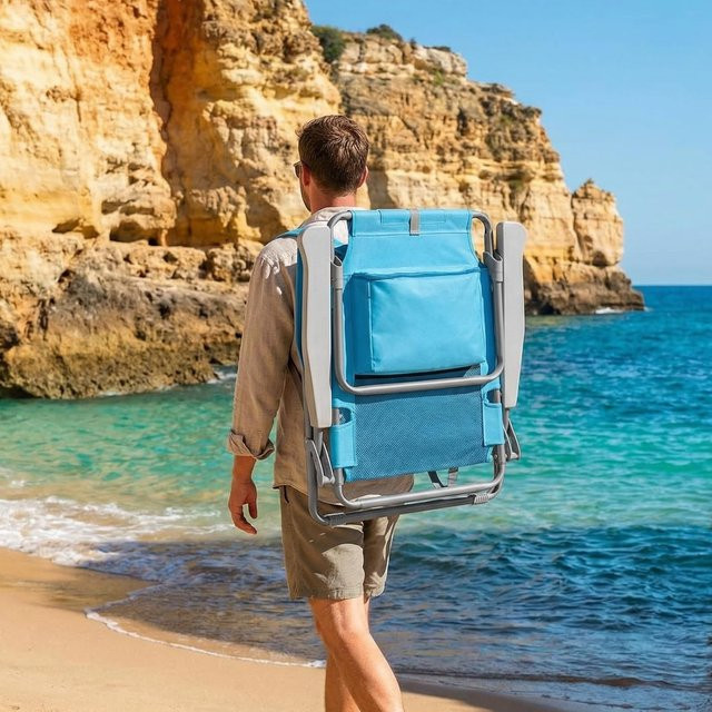 AuAg Klappbarer Strandstuhl und Campingstuhl mit verstellbarer Rückenlehne und Kühltasche, Tragkraft bis 150 kg, Farben: Blau oder Grün - Bild 1