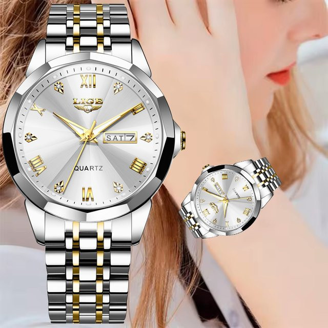 LIGE Armbanduhr Quarz, Edelstahl, Bicolor, Damen, Datum, Leuchtzeiger - Bild 1