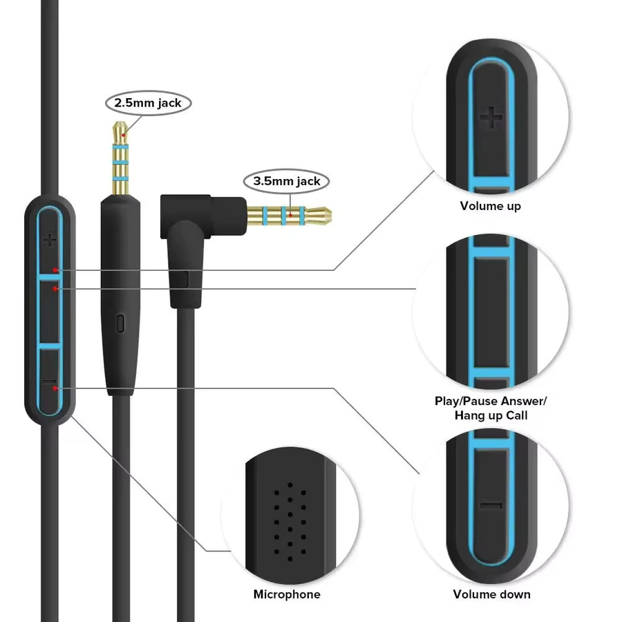 Bose Ersatz-Audiokabel mit Mikrofon für QuietComfort QC25, QC35, OE/OE2/OE2i und AE2 Kopfhörer, Schwarz, 3,5 mm Klinke - Bild 1