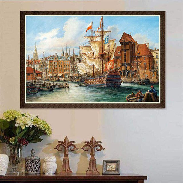 FIYO Diamant-Gemälde Boote auf dem Meer als Mosaik-Stickerei in Braun und Multicolour, B/H: 30 x 20 cm - Bild 1