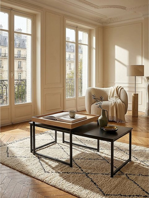 KADIMA DESIGN Couchtisch 2er Set Modern aus Holz und Metall in Schwarz-Beige mit Eichenfurnier, B/T/H: 110 x 60 x 45 cm - Bild 1