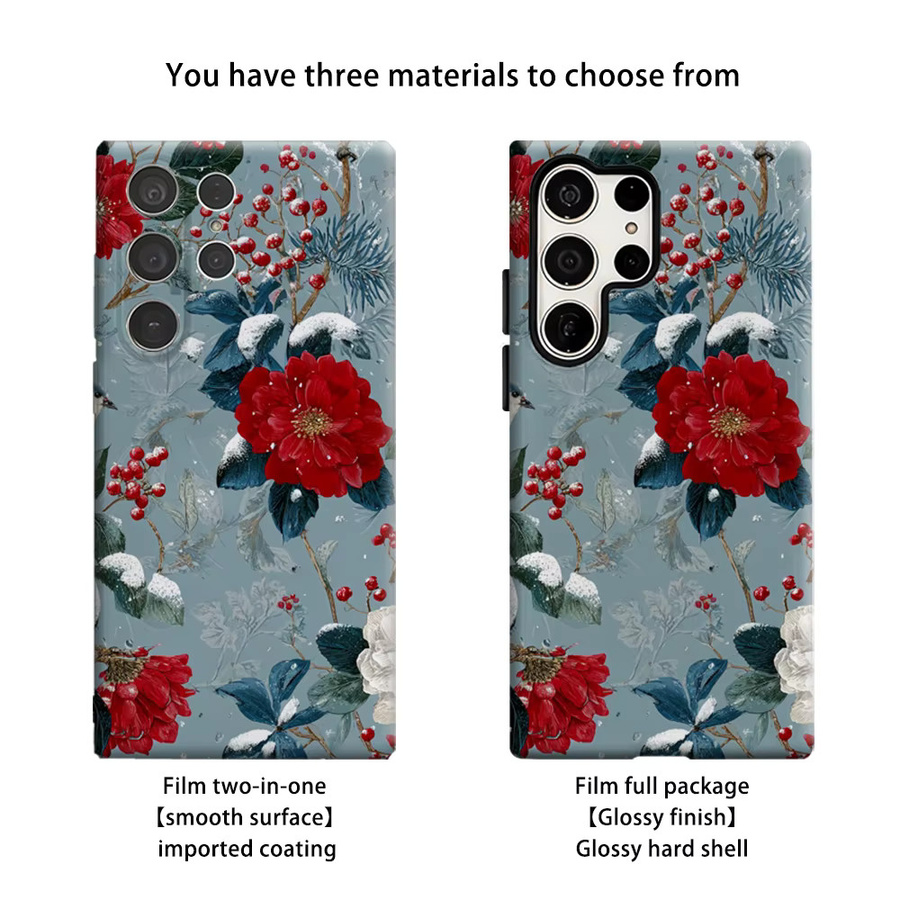 Stoßfeste Doppelschicht Handyhülle mit winterlichem Schnee-Blumen- und Vogel-Design für Samsung Galaxy S25 Ultra, S24 und S23 Ultra Plus, Multicolor - Bild 2