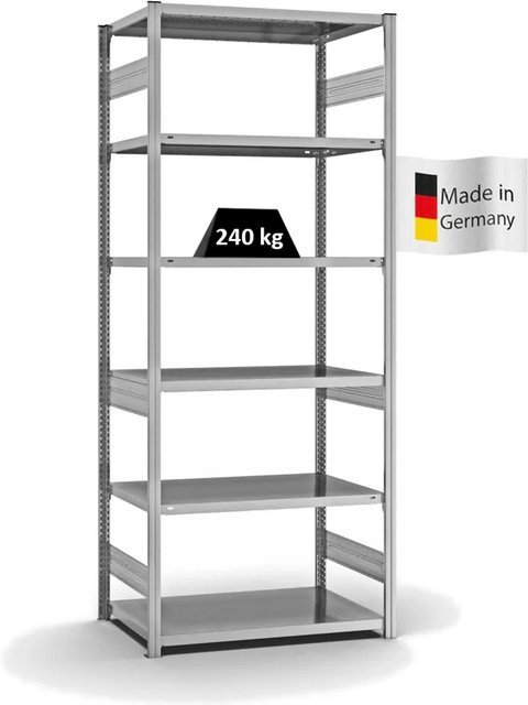 PROREGAL Fachbodenregal Stecksystem T-Profil Medium-Duty Grundregal, verzinkt, Farbe: Silber, H x B x T: 250 x 100 x 60 cm, 6 Ebenen, Fachlast 240 kg, beidseitig nutzbar - Bild 1