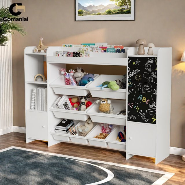 Comanlai Holz-Kinderbücherregal in Weiß mit 8 Boxen, 5 Fächern und Tafel zur Spielzeug-Aufbewahrung, B/T/H: 137 x 30 x 94,5 cm - Bild 1
