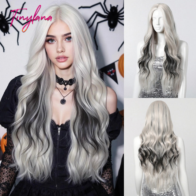 TINY LANA Perücke, lange lockige Synthetik-Haare, Silber Weiß Schwarz, Damen - Bild 1