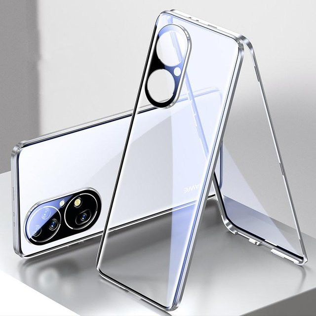 Huawei Handyhülle mit 360-Grad-Doppelglasschale und magnetischer Adsorption sowie Objektivschutz in Silber - Bild 1