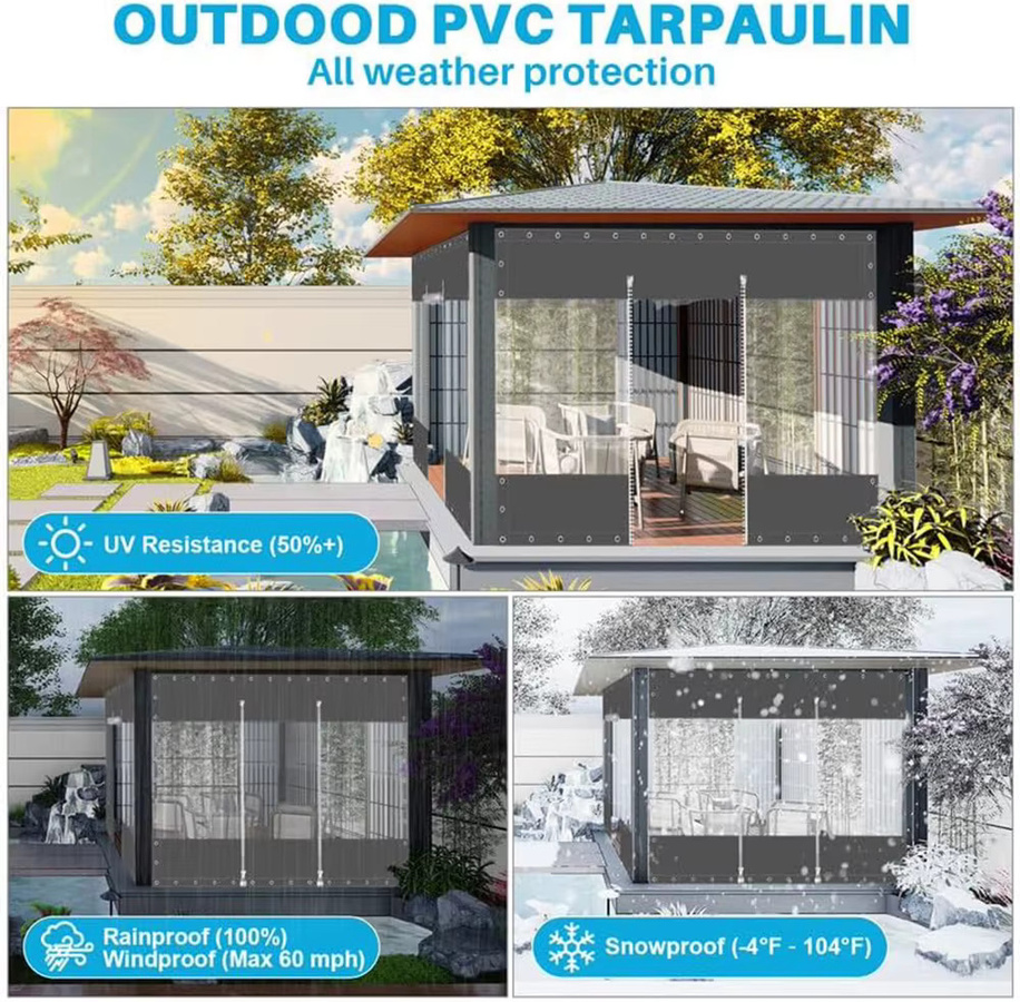 Wasserdichte Vinyl-Vorhänge mit Reißverschluss und Ösen, transparente PVC-Plane für Veranda, Pergola und Pavillon, Grau - Bild 4