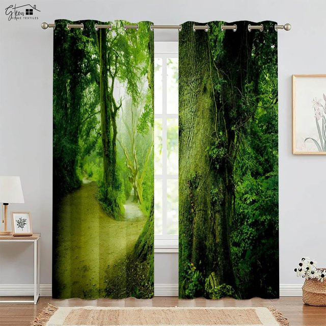 Waldhölzer 3D-gedruckte Vorhänge mit Natur-Landschaft und Ahornblatt Design, Grün, B/H: 50 x 130 cm, 2er-Set - Bild 1