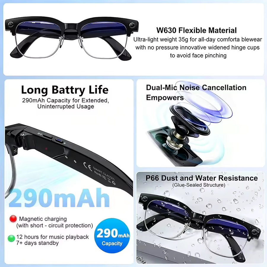 GUHUAVMI KI-Smart-Brille mit 800W-Kamera, Blaulichtfilter und Audio-Funktionen für Videoaufnahme, Übersetzung, Musik und Anrufe in Schwarz oder Blau - Bild 3