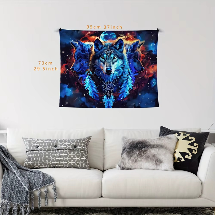 VIKAMA Wandteppich Wolf Totem im Bohemian-Stil mit Sternen und Federn, Mehrfarbig - Bild 3