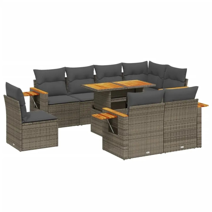 vidaXL 9-tlg. Garten-Sofagarnitur in L-Form aus grauem Poly-Rattan mit Kissen und pulverbeschichtetem Stahlgestell - Bild 2