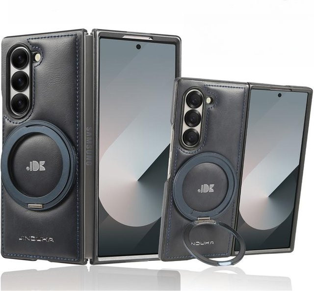 Lederhülle für Samsung Galaxy Z Fold 3, 4, 5 und 6 mit drehbarem magnetischem Halter in Grau - Bild 1