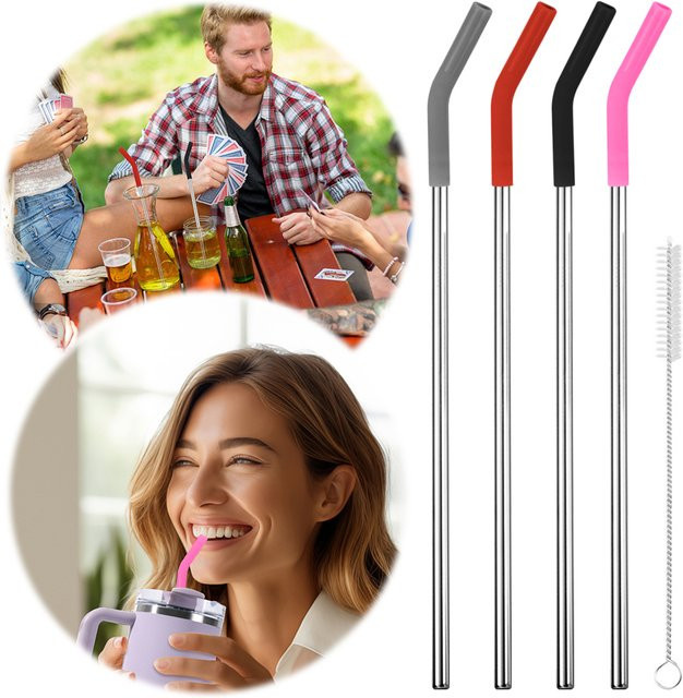 ATUOTIN 4er Set wiederverwendbare Metallstrohhalme aus Edelstahl mit Silikonspitzen und Abdeckung in Multicolor für Stanley 40oz Becher Zubehör - Bild 1