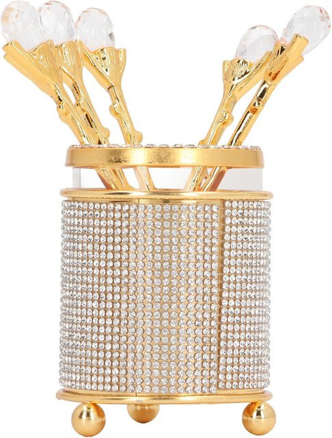 6er Kaffeelöffel Set mit Halter aus Zinklegierung in Gold und Beige zum Umrühren von Kaffee und Dessert - Bild 1