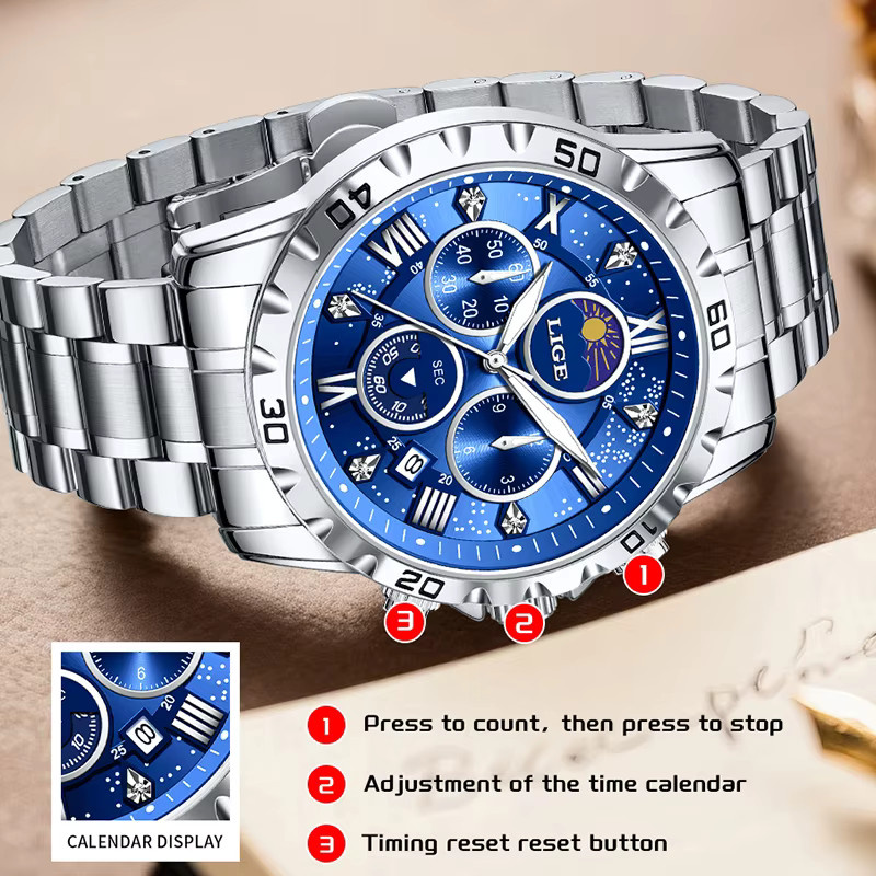 LIGE Chronograph, Quarz, Edelstahl, Blau, Herren - Bild 3