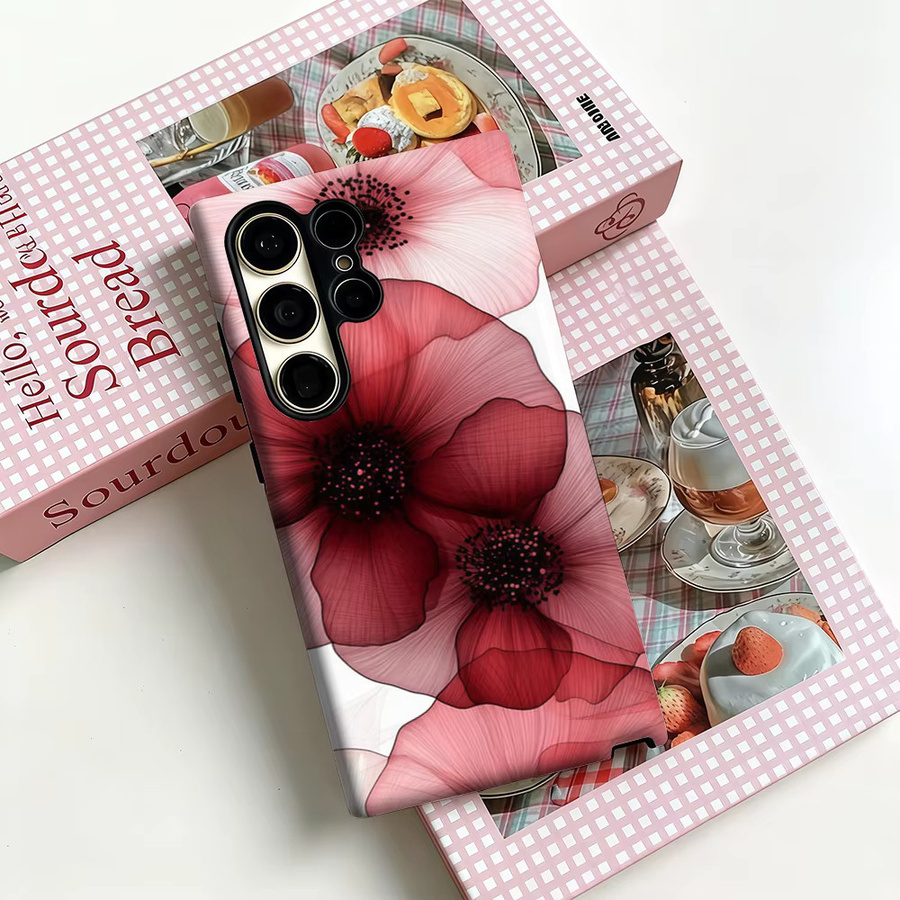 Stoßfeste Doppelschicht Handyhülle mit rotem und rosa Blumen-Design für Samsung Galaxy S25 Ultra, S24 und S23 Ultra Plus - Bild 3