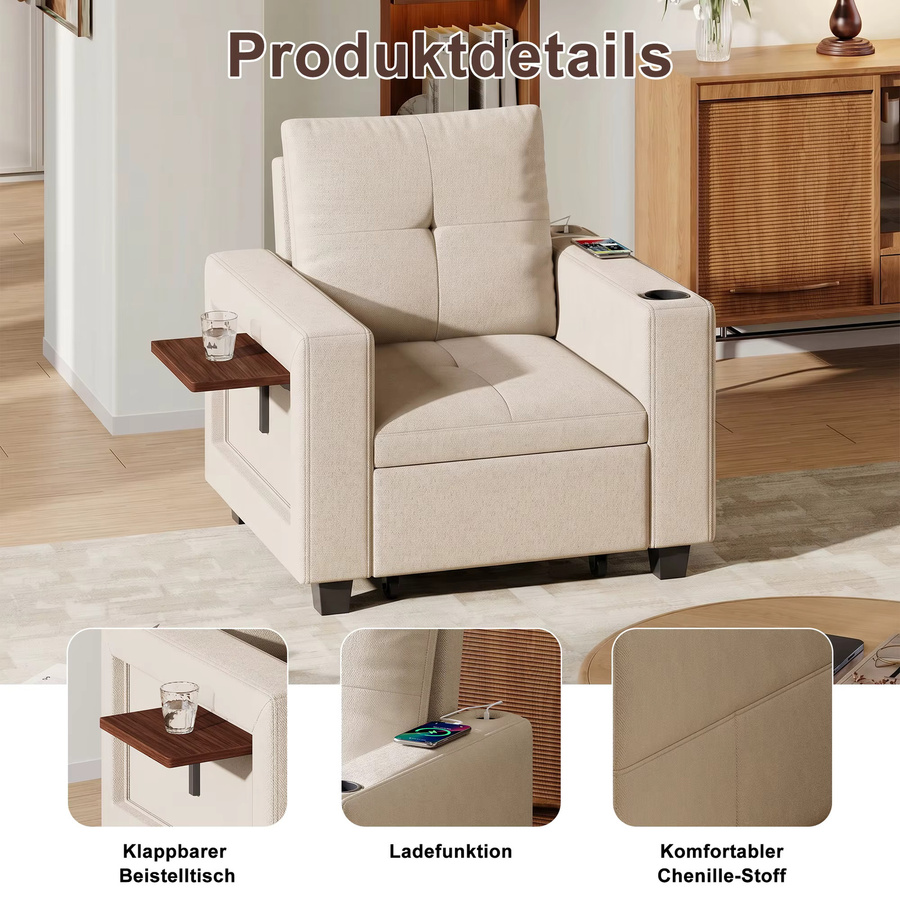 FANGANGE 3-in-1 Schlafsofa Beige mit Bettfunktion und Getränkehalter als Schlafsessel für dein Wohnzimmer - Bild 4
