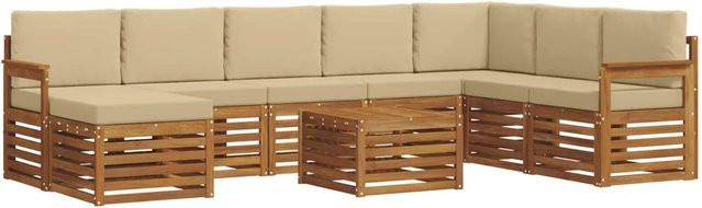 vidaXL Sofagarnitur 9-teilig aus Massivholz Akazie in Natur und Beige mit Polsterung und Kissen - Bild 1