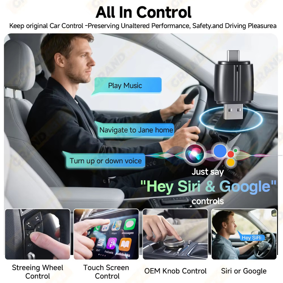 Grandnavi 2-in-1 Kabelloser CarPlay und Android Auto Adapter mit USB und USB-C Dual-Interface in Schwarz - Bild 3