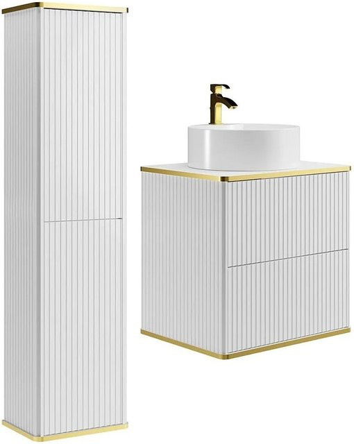 Vente-unique Badmöbel-Set Keliza im Art-Deco-Stil, Weiß matt, bestehend aus Aufsatzwaschbecken und Hochschrank, Breite: 60 cm, Tiefe: 47 cm, Höhe: 54 cm - Bild 1