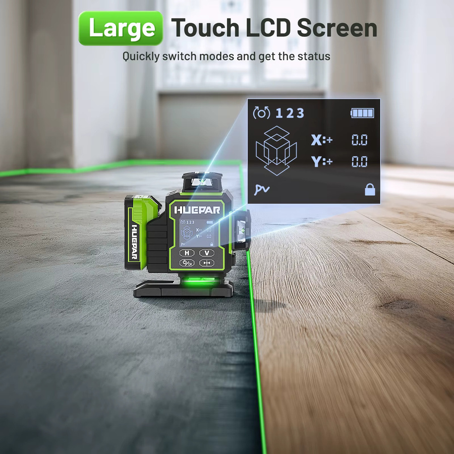 Huepar W04CG 4D-Laser-Nivelliergerät mit 16 grünen Kreuzlinien, Bluetooth, elektrisch drehbarer Basis und LCD-Bildschirm - Bild 4