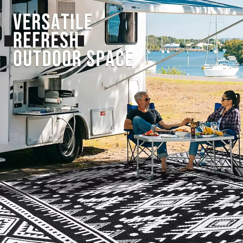 VIKAMA Bohemian Outdoor-Teppich mit geometrischem Muster in Schwarz, rutschfest und verschleißfest, ideal für Balkon und Terrasse - Bild 4