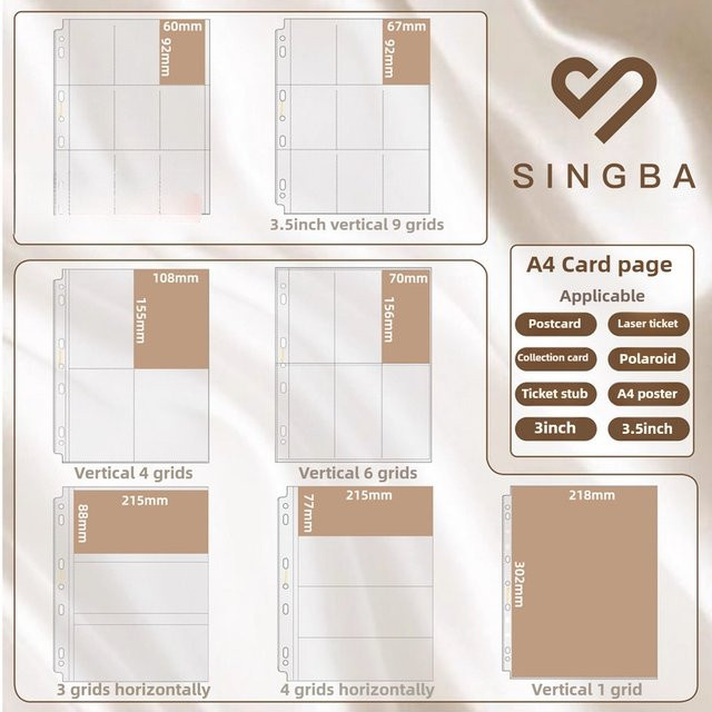 SINGBA 10 Stück A4 Multi-Pocket-Seiten für Binder in Transparent zur Aufbewahrung von Sammelkarten, Fotos und Instax Polaroid - Bild 1