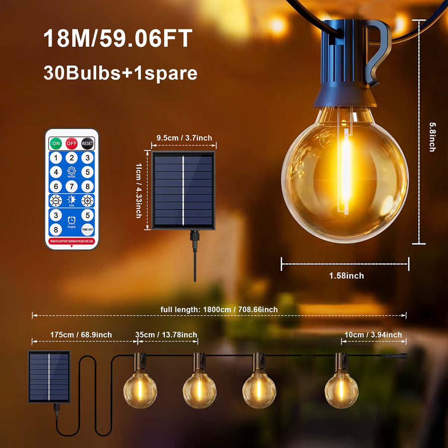 Aiopp Solar G40 LED-Lichterkette für den Außenbereich mit Fernbedienung, dimmbar, IP44 wasserdicht, warmweiß, transparent - Bild 7