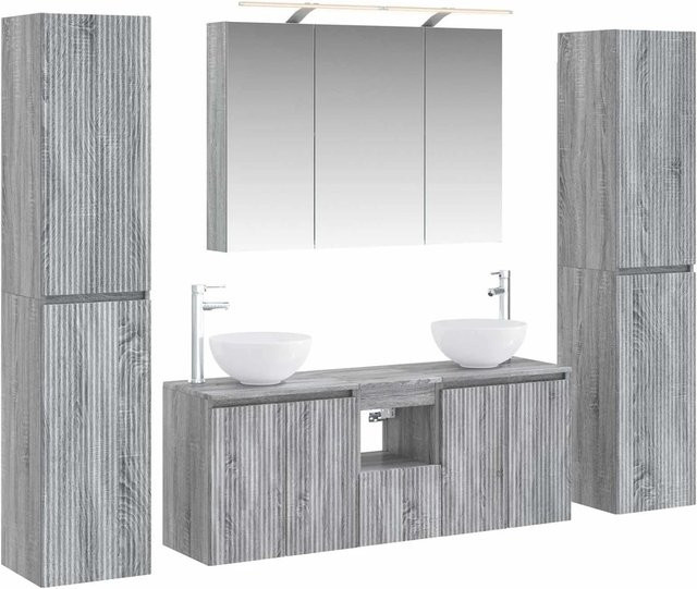 vidaXL Badezimmermöbel-Set 6-teilig in Grau Sonoma, modern mit Spiegelschrank, Waschtischunterschrank und Wandschrank aus Holz und Glas mit LED-Beleuchtung - Bild 1