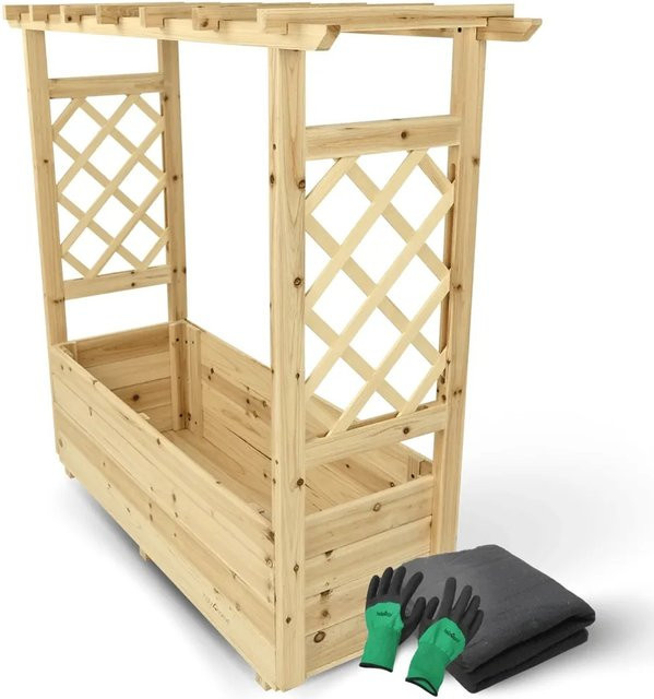 DELUKE Hochbeet THAO aus Tannenholz mit Rankgitter und Vlies in Hellbraun, Breite: 98 cm - Bild 1
