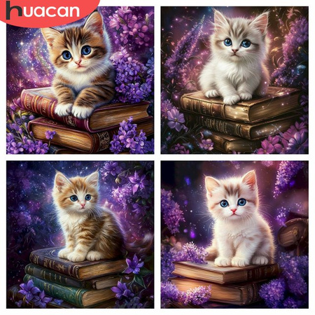 HUACAN Diamond Painting Set Katze mit Fliederblüten in Lila und Multicolour, 5D DIY Diamant-Mosaik für deine Wanddekoration