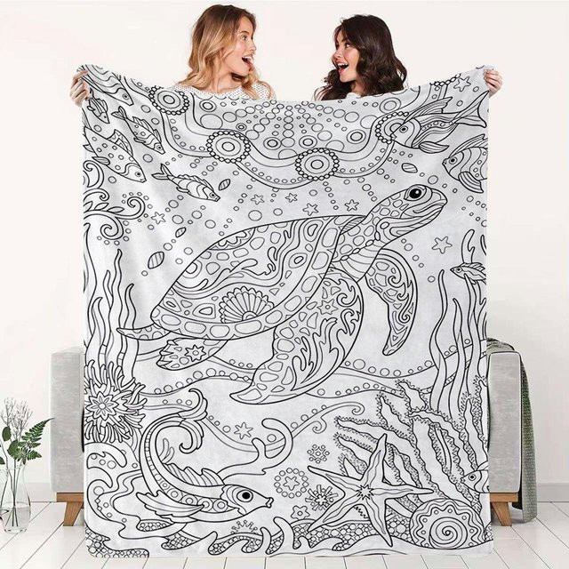 ZbrFour Ozeanwelt Maldecke für Erwachsene mit Meeresschildkröte, Seestern und Seepferdchen, weiß, Flanell, B/B: 150 x 180 cm - Bild 1