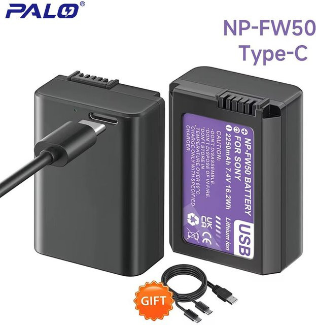 PALO Typ-C NP-FW50 Akku für Sony Alpha A6500 A6300 A6400 A6000 A6100 A5000 A3000 NEX-3 A7 7R A7R II A7rii in Schwarz - Bild 1