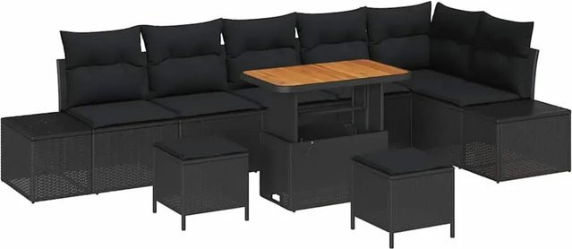 vidaXL Garten-Sofa-Set 9-tlg. aus Poly-Rattan und Stahl in Schwarz mit Kissen und Tisch - Bild 1
