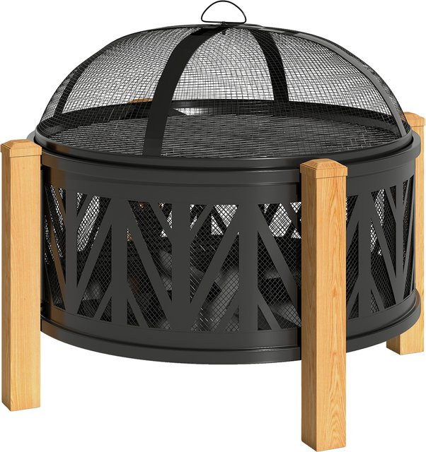 Outsunny 2-in-1 Feuerschale mit Grillrost und Funkenschutz in Schwarz und Braun, Durchmesser: 75 cm, Höhe: 58 cm - Bild 1