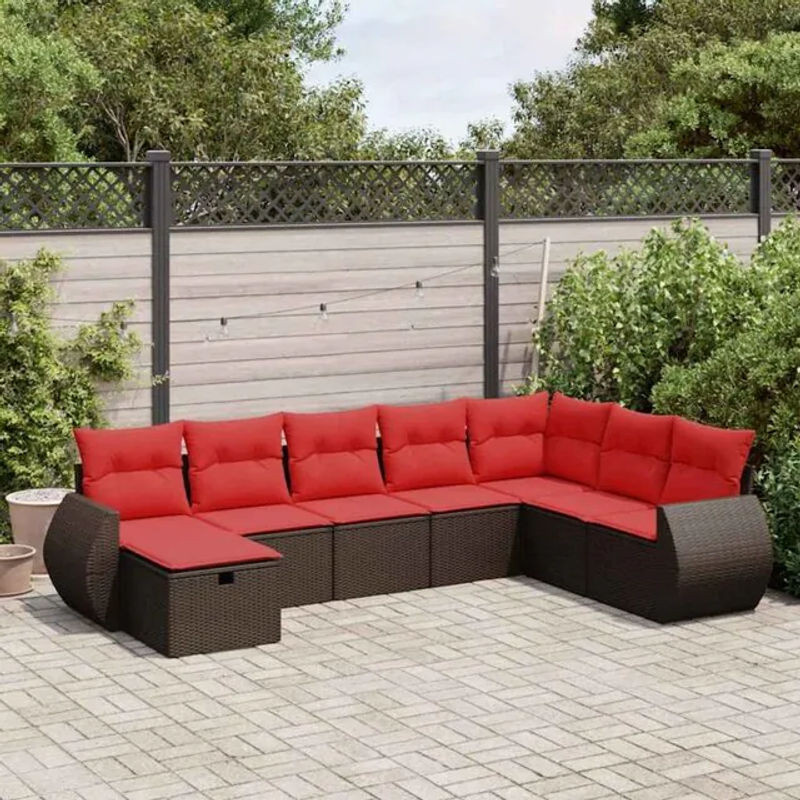8-tlg. modulare Loungemöbel Garten-Sofagarnitur aus Polyrattan mit Kissen und Fußhocker in Braun und Rot von vidaxl - Bild 1