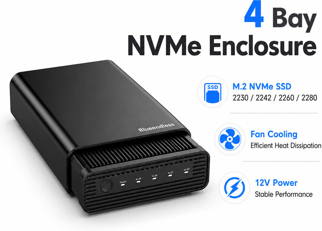 VBNM 4-Bay M.2 NVMe SSD-Gehäuse USB-C Externes Festplattengehäuse für 2230 2242 2260 2280 SSD mit Kühlventilator in Schwarz - Bild 1