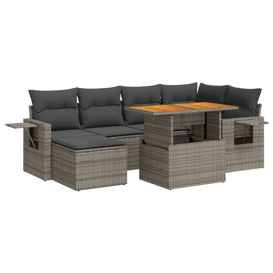vidaXL 7-teilige Garten-Sofagarnitur in L-Form aus Poly-Rattan und Akazienholz in Grau mit UV-beständigen Kissen - Bild 2