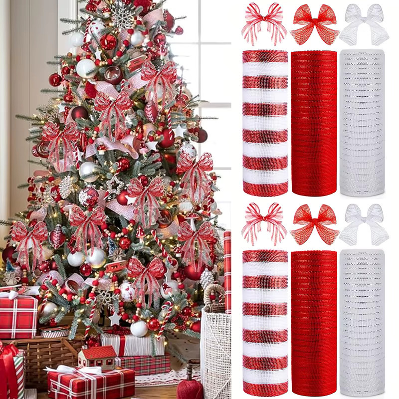 Weihnachtsband Set aus Metallic-Poly mit Draht für DIY-Dekoration und Verpackung, 10 Yard, Farben: Rot, Grün, Weiß - Bild 2