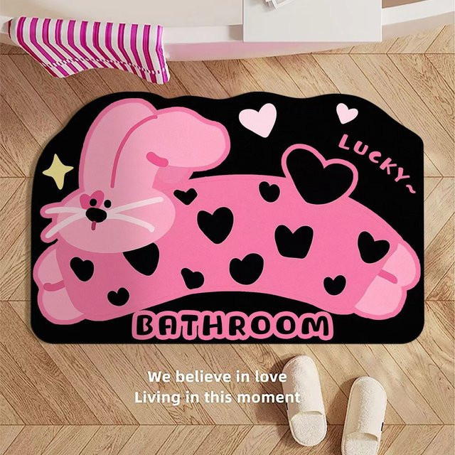 Niedrige Badezimmer Bodenmatte mit Cartoon Tier Motiv aus Diatomeenerde, schnelltrocknend und rutschfest, Farbe: Pink, B/T: 60 x 40 cm - Bild 1