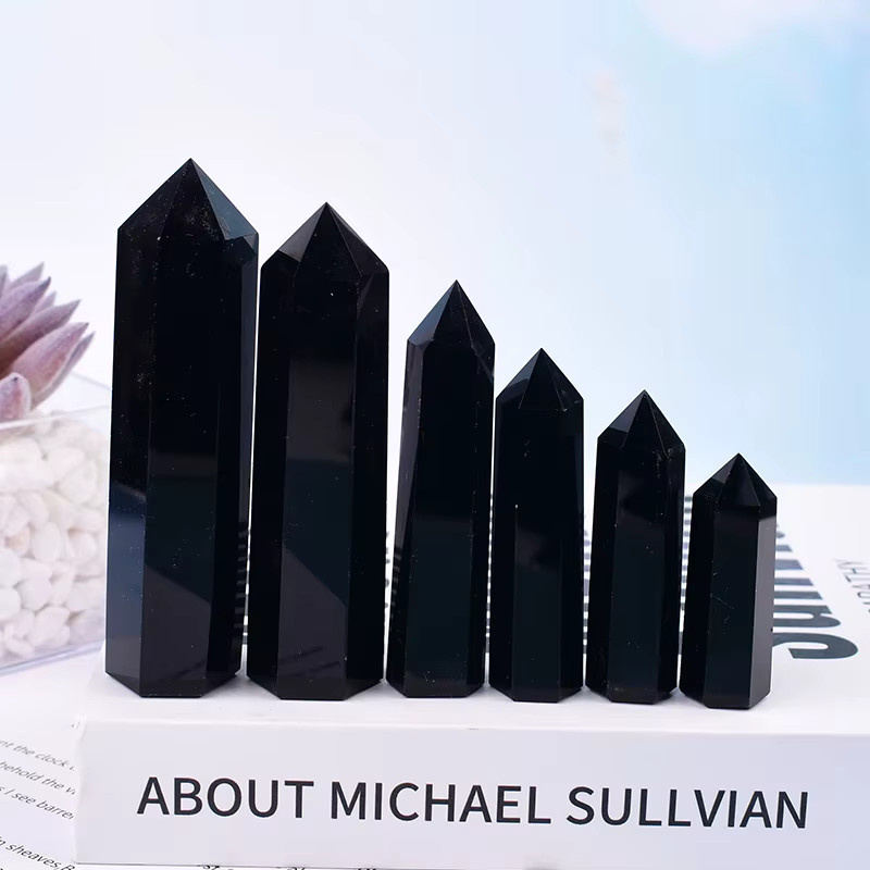 RYCRYSTAL Obsidian Obelisk aus natürlichem Kristall, schwarz, polierter sechseckiger Kristallstab für Meditation und Dekoration, Höhe: 5 bis 8 cm - Bild 2