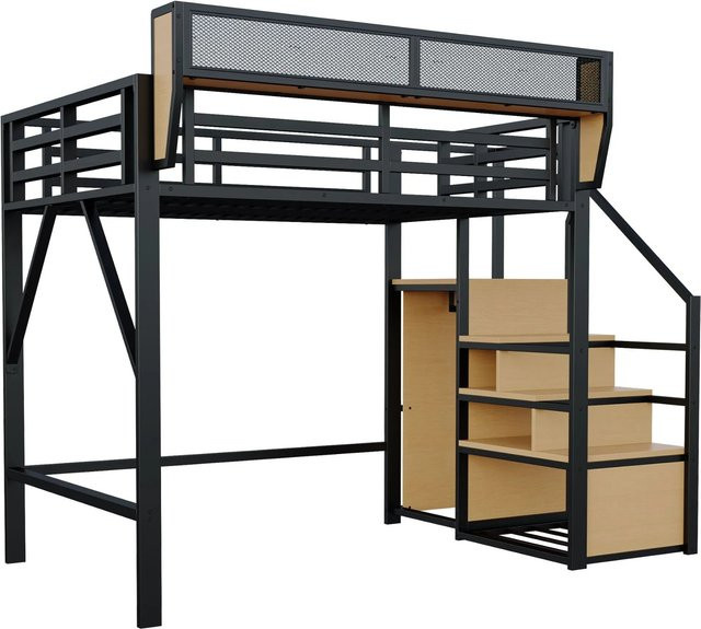 Merax Hochbett mit Treppe und Stauraum aus Metall und MDF, Schwarz, B/T/H: 200 x 140 x 191 cm - Bild 1