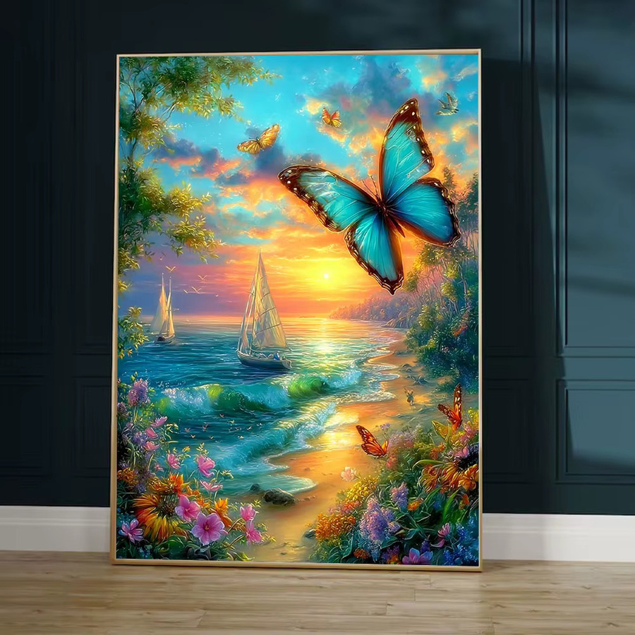 Huacan 5D DIY Diamantmalerei Sonnenuntergang am Meer mit Schmetterling als dekoratives Mosaik-Landschaftsgemälde in Mehrfarbig, B/H: 20 x 30 cm - Bild 3